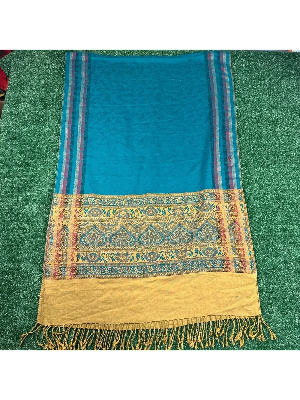 vibrant teal and mustard-gold woven pashmina shawl